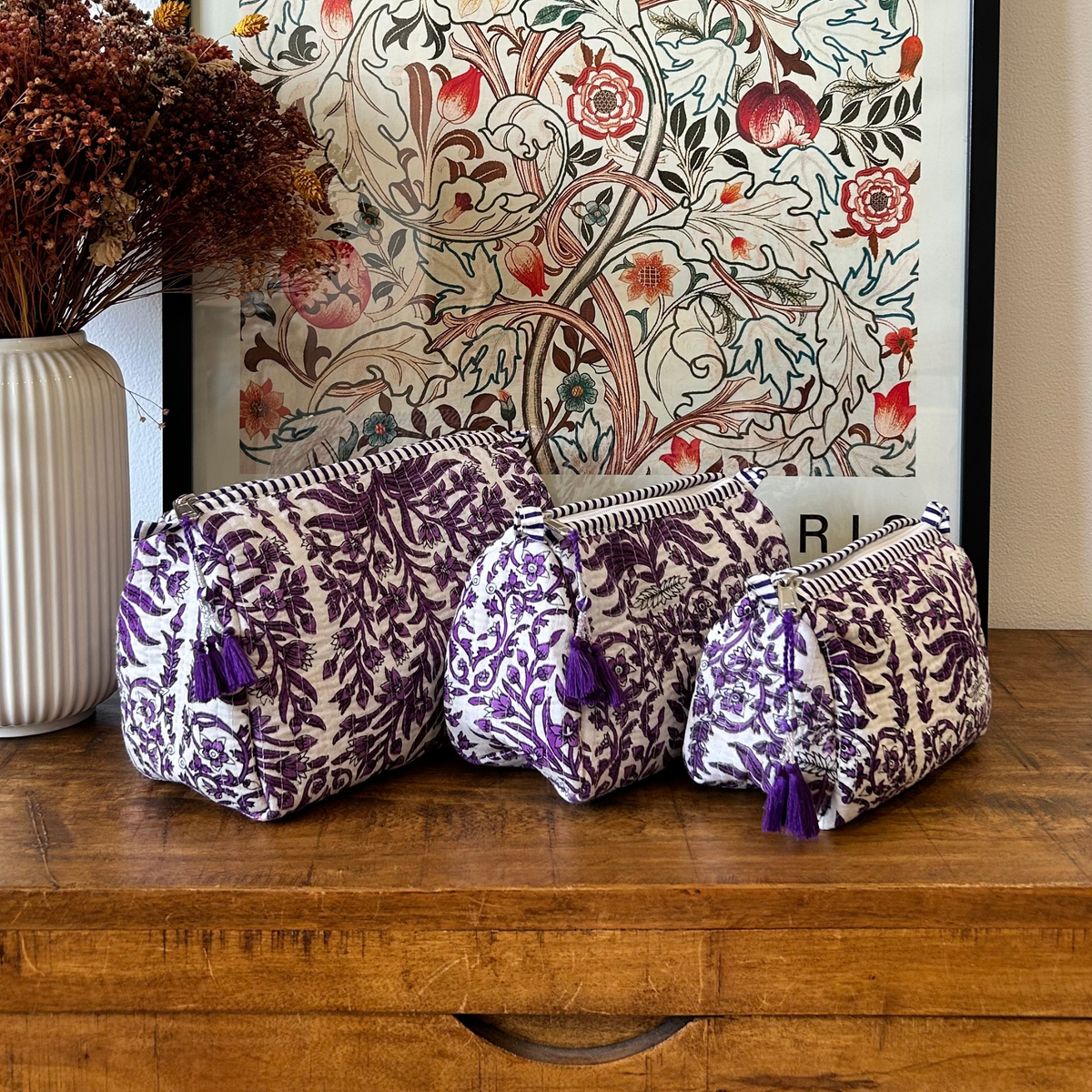 Trousse matelassée à imprimé Block Print – Fleur blanche | Lot de 3